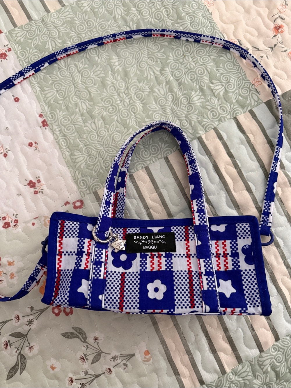 Sandy Liang x Baggu Blue Floral Plaid Mini Shoulder Bag